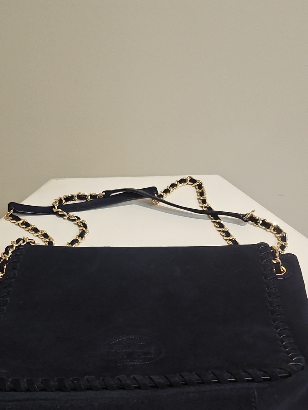 Tory Burch Black Suede Shoulder Bag with Gold Chain Strap
